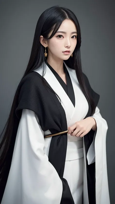 high quality, detailed portrait, 1 girl, wearing a black japanese kimono with a white cloak draped over the shoulders, gorgeous cloak, long black hair, golden earrings, beautiful detailed eyes, beautiful detailed lips, extremely detailed face, longeyelashe...