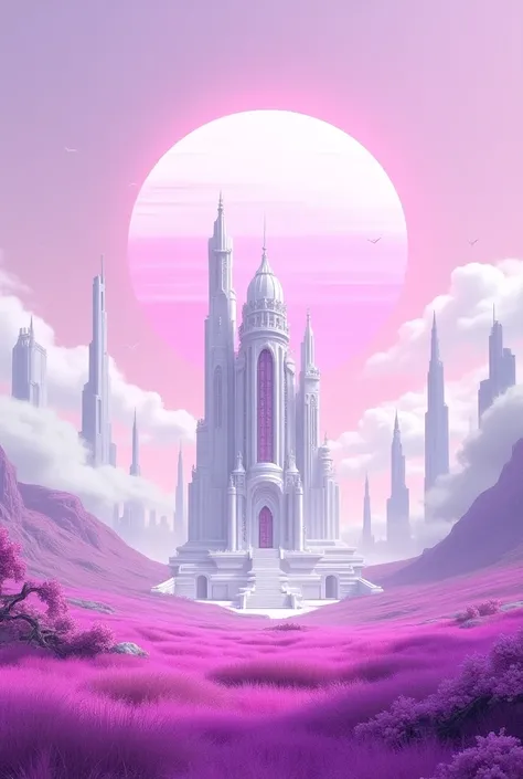 a purple grass, pink ground, salmon pink sky, sun with magenta outline, white clouds with a purple tint, a futuristic palace which is white and has lilac glasses located in the heart of a city that has got some futuristic skyscrapers and structural sites