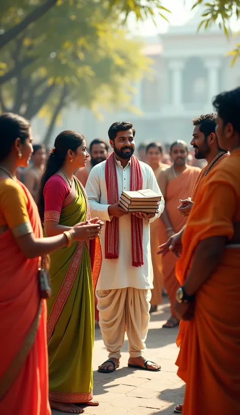 Indian people wearing Indian traditional dress and talking about something. One person of them is looking most intelligent and schooler. Holding some books in his hands. Peacefully coming towards the crowd