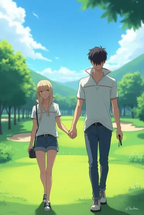 Anime Man wearing a Massive Popped Collar Polo thats taller than his head while walking with with his Popped Collar girlfriend at the Golf Course 