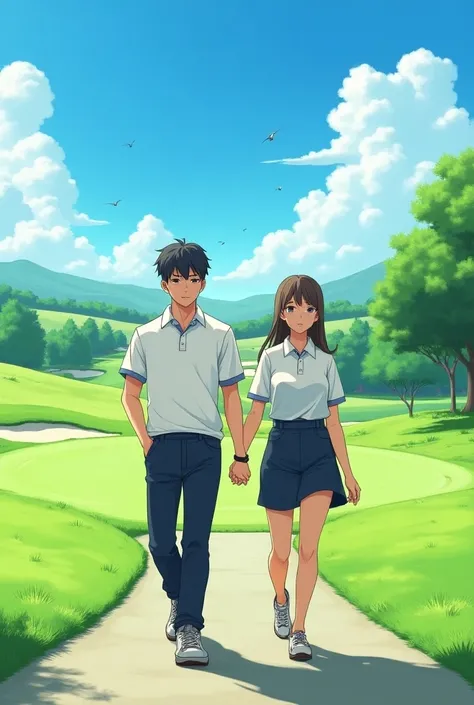 Anime Man wearing a Massive Popped Collar Polo thats taller than his head while walking with with his Popped Collar girlfriend at the Golf Course 