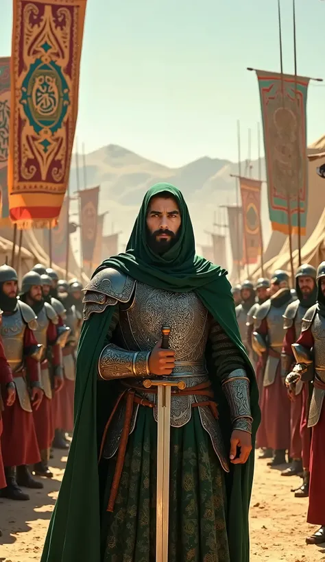 "An elaborate desert military camp, hyper-realistic, ultra HD, 8K, set under the harsh midday sun. Saladin stands in the center, his figure commanding respect as he delivers a strategic speech to his generals and soldiers. He wears battle-ready armor, with...