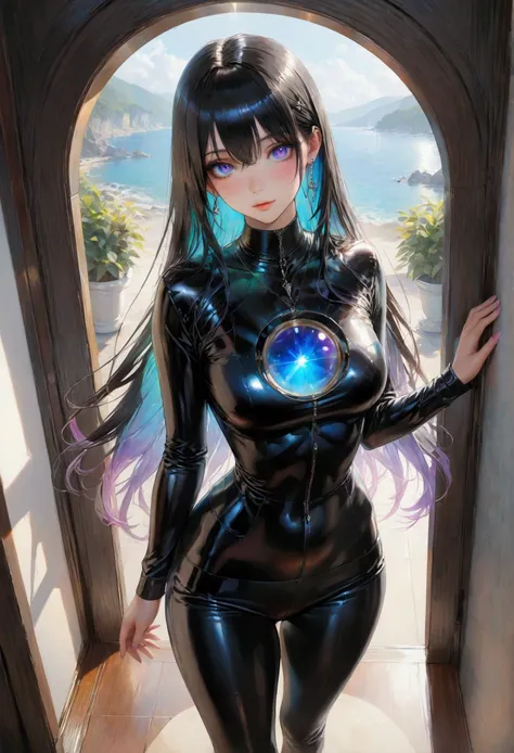 Long smooth straight black hair, inner dark iridescent hair, iridescent eyes,hourglass body figure,standing in a casual clothes. (masterpiece, super detail,detailed eyes, best quality, 8k,realistic, full body front view nfsw) 