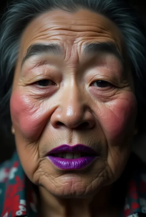 Close-up photo of a fat old Asian woman with thick makeup opening her purple lips wide open and closing her eyes without showing her teeth and surprised