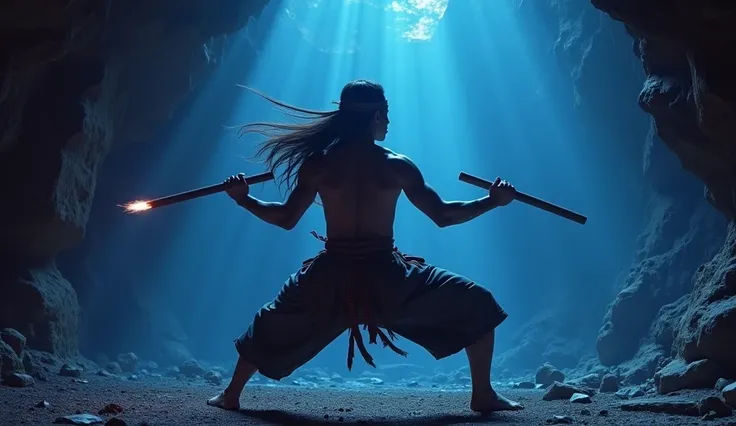  A 20-year-old Indonesian man ,  muscular and athletic body , long hair, wearing a headband ,  dressed ordinary Javanese folk of yesteryear , Practicing Silat in a Cave,  surrounded by magical blue and purple light radiating from the wall stone .
masterpie...