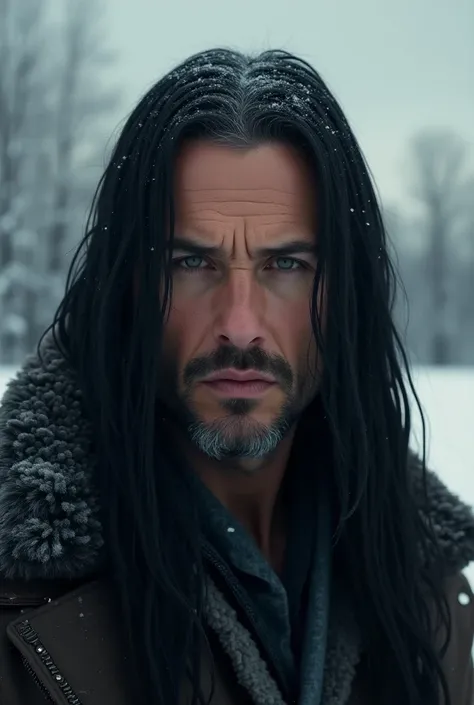 Male Russian man with very long black straight hair and and is in winter scenery realistic Portrait 