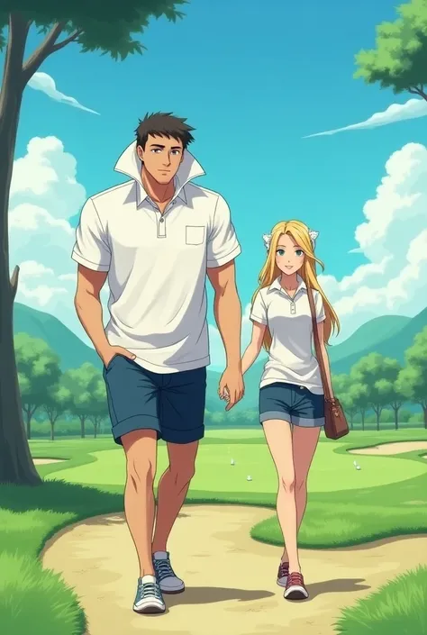 Anime Man wearing a Massive Popped Collar Polo thats taller than his head while walking with with his Popped Collar girlfriend at the Golf Course 