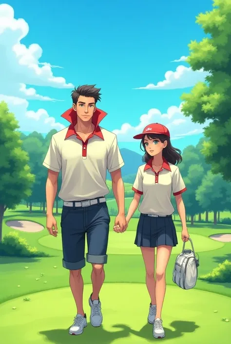 Anime Man wearing a Massive Popped Collar Polo thats taller than his head while walking with with his Popped Collar girlfriend at the Golf Course 