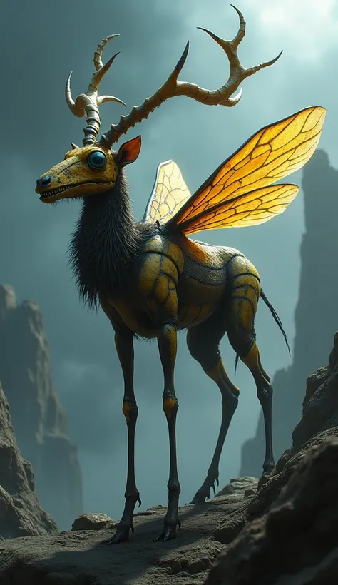 Create an image of a terrifying hybrid creature that seamlessly combines the features of an antelope and a bee. The body should be large and muscular like an antelope, but with the glossy, segmented texture of a bee’s exoskeleton. The head should have both...