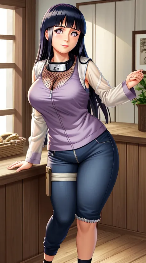 Masterpiece, highres, high Quality, detailed face, detailed body render, 1girl, solo, hyuuga hinata, hinata-sleeveless-outfit, large breasts, big breast, sleeveless shirt, fishnet top, dark lips, unzipped jacket, no bra, breasts out, nipple, standing, blus...