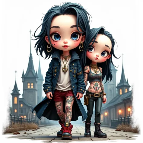 Create an image from a punk cartoon of a boy and a girl couple walking down the street painted gothic style because the 3D design is a type of cyberpunk illustration more in tattooed caricature and white perfect face and all in 3D High quality 8K 