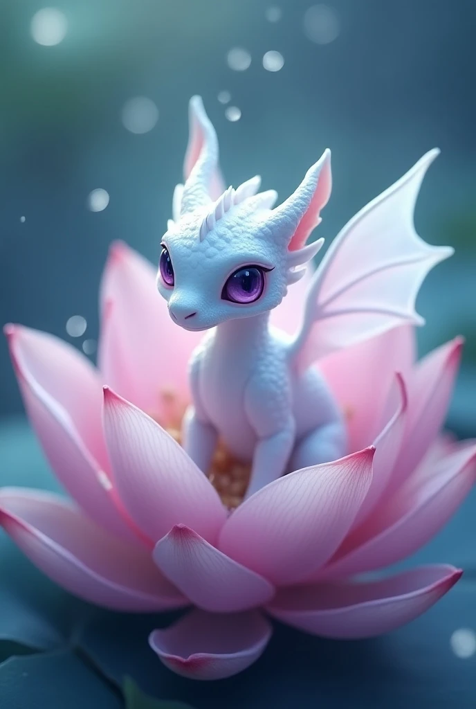 A cute white little special✨ dragon with elegant big transparent glowing wings was staring with bright purple eyes inside the lotus 🪷 flower.