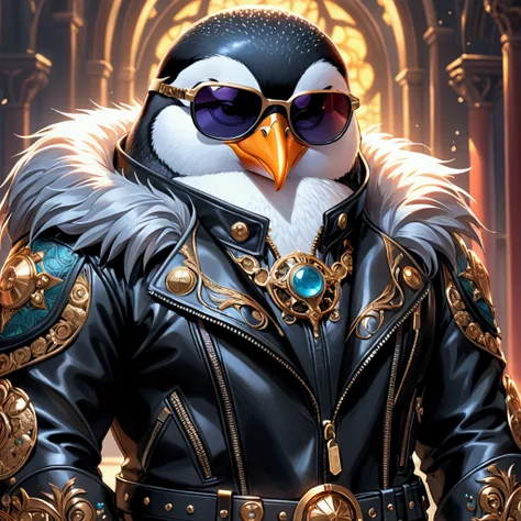 Closeup, Kyoto Animation manga art style, an extremely badass anthropomorphic penguin wearing an insanely cool black leather biker jacket open, black leather biker gloves, black leather biker pants, black sunglasses, ethereal light, intricate details, extr...