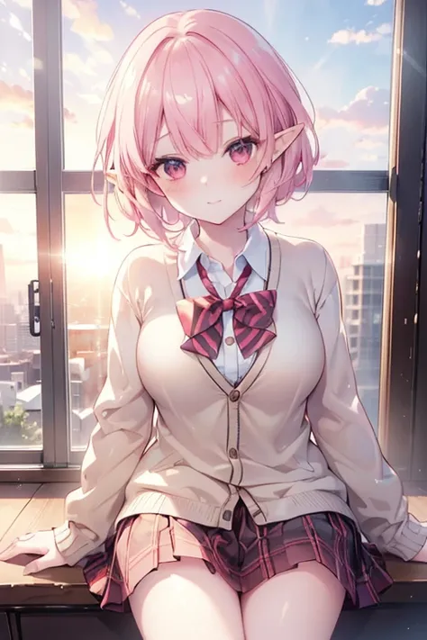 ((masterpiece, best quality, highres, UHD, perfect pixel, depth of field, 4k, RTX, HDR)), 1girl, elf,single, solo, 1, beautiful anime girl, beautiful artstyle, anime character, ((short hair, bangs, pink hair, straight hair,)), (red eyes:1.4, rounded eyes, ...