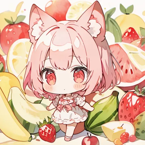 Top quality, masterpiece, high resolution, 8k,Watercolor style, Alone,chibi character, pink hair, animal ear girl, red eyes, banana、melon、strawberry、lemon、Apple、Surrounded by lots of fruit