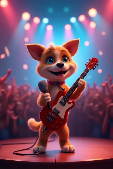 A 3d cute dog performing on stage,(imagine a microphone, a guitar and a vibrant concert atmosphere)surrounded by a adoring fan