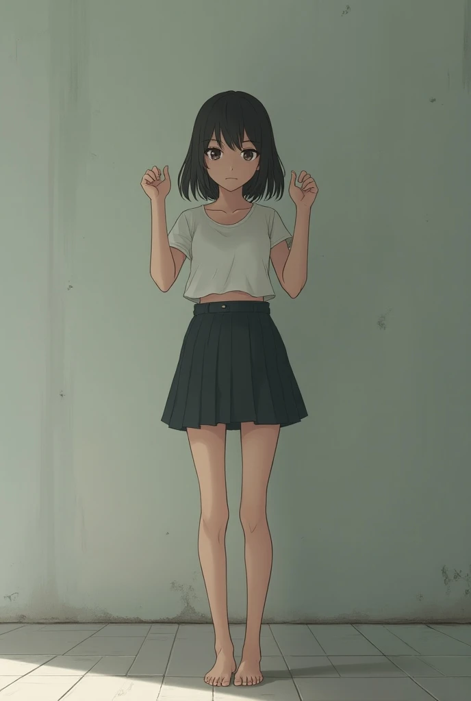 A barefoot female prisoner in an anime skirt and a short-sleeved top stands with her hands raised，against the wall