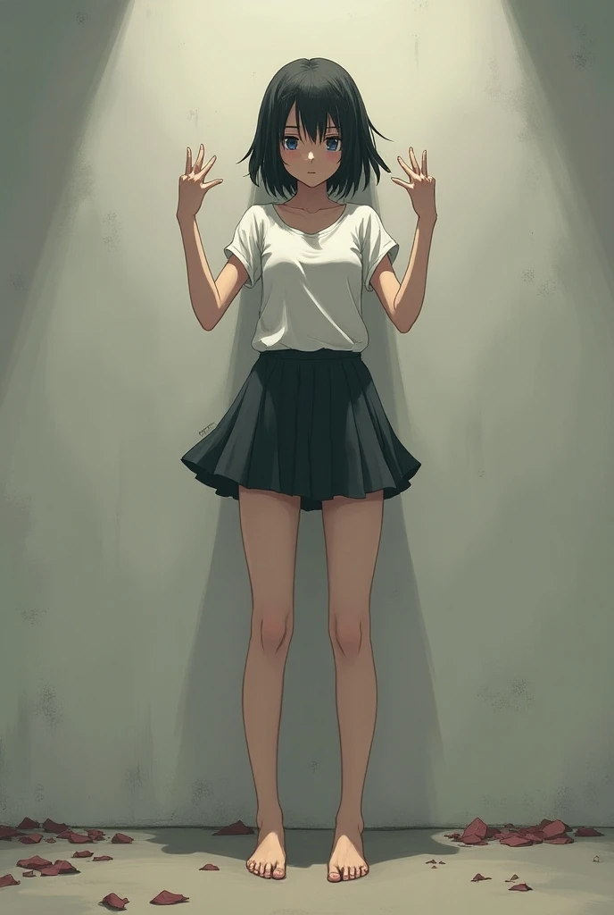 A barefoot female prisoner in an anime skirt and a short-sleeved top stands with her hands raised，against the wall