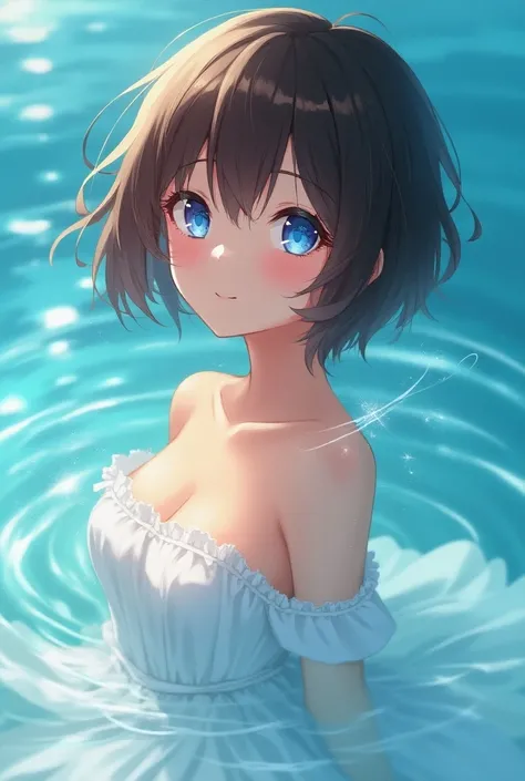 woman,Brown hair,Blue eyes,Short hair,ใส่ขุดสีขาวbeautiful,smile,In the sea, ,beautiful,Light and Shadow, sparkling eyes ,Anime