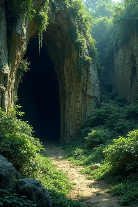 cave hidden with bushes and ancient writing on it