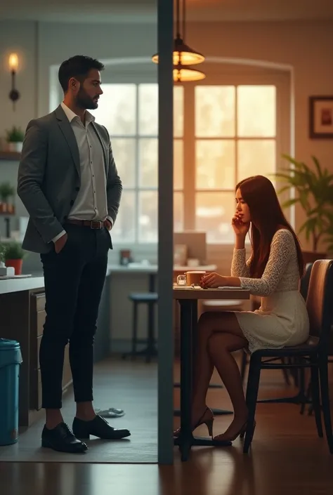 "A split-screen scene showing a man at work and a woman waiting at a cafe. On the left side, the man is in a modern office, wearing a fitted gray jacket, black pants, and polished leather shoes. He is holding a phone to his ear, looking slightly stressed a...