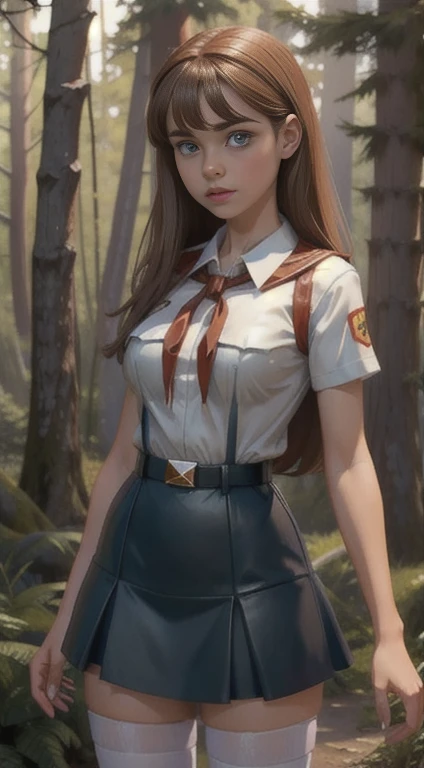 cute teen beautiful schoolgirl, beautiful cute teen face, red leather skater pinafore dress, transparent white blouse, brunet long hair, beautiful eyes. stockings, white sneakers, schoolgirl teenager stands in the forest, photorealistic, curvy figure, грус...