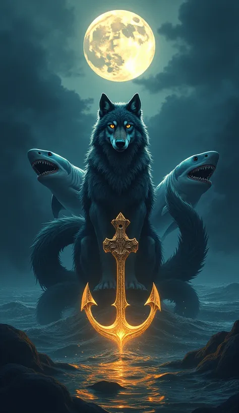 
1. Wolf with 9 tails  (center):  The wolf will be the main focus , colocado en el center superior del fondo.  It will be standing on a rock or an elevated surface ,  looking forward with a challenging and majestic expression .  Its nine tails will unfold ...