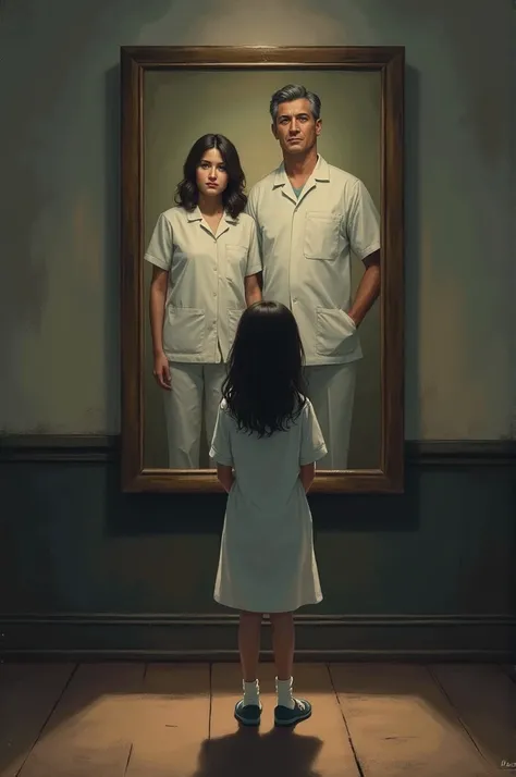 A girl stands in front of a picture of her father and mother dressed in surgeons clothes