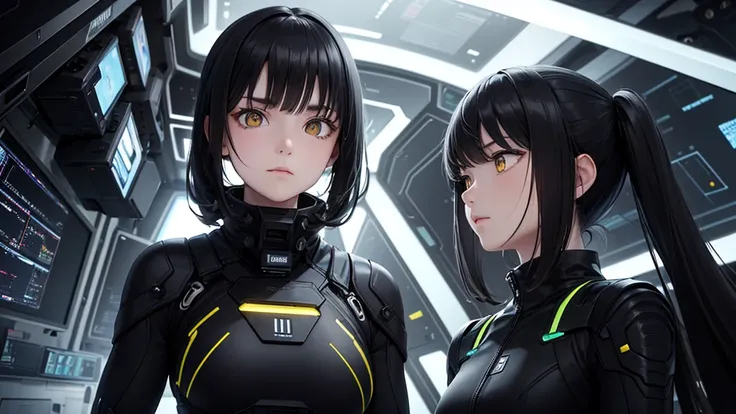 from future intelligence, technology background, complex mission, sudden mystery, unexpected result, unknown variables, strange data, confident look, space black pioneer dress, yellow eyes, black hair