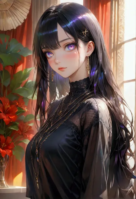 Long smooth straight black hair, inner dark iridescent hair, iridescent eyes,hourglass body figure,standing in a casual clothes. (masterpiece, super detail,detailed eyes, best quality, 8k,realistic) 