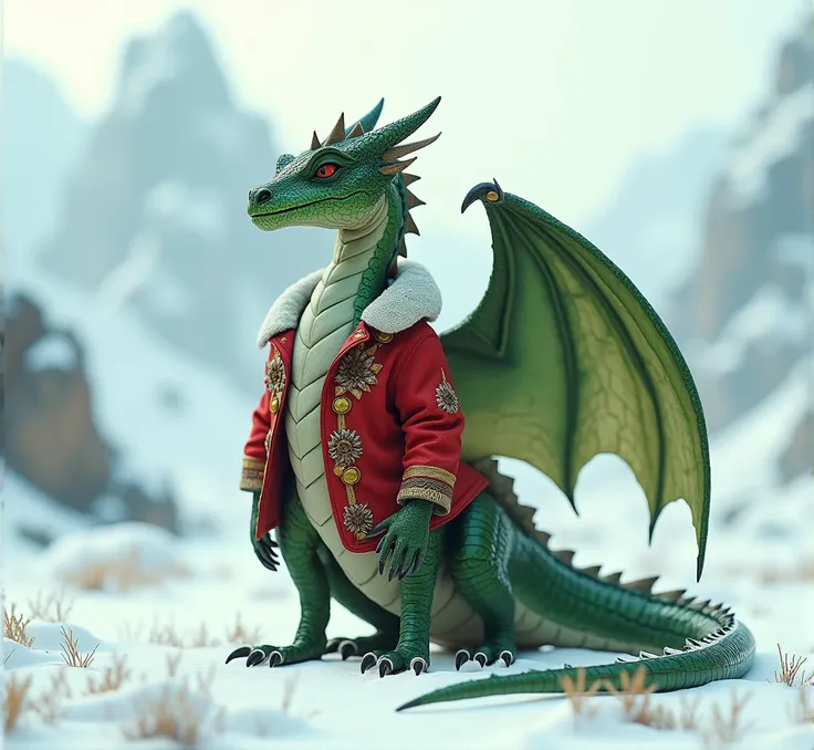 A green winged dragon in a red winter jacket against a background of snow