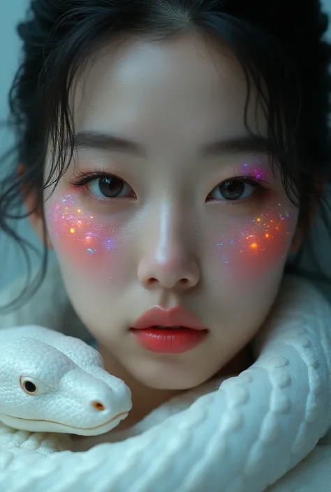 Close-up image of face ,  very beautiful sexy Korean girl with lots of colorful transparent fish scales on her face, (very oiled shiny skin ),  scene with colorful lighting , Face with a white snake,