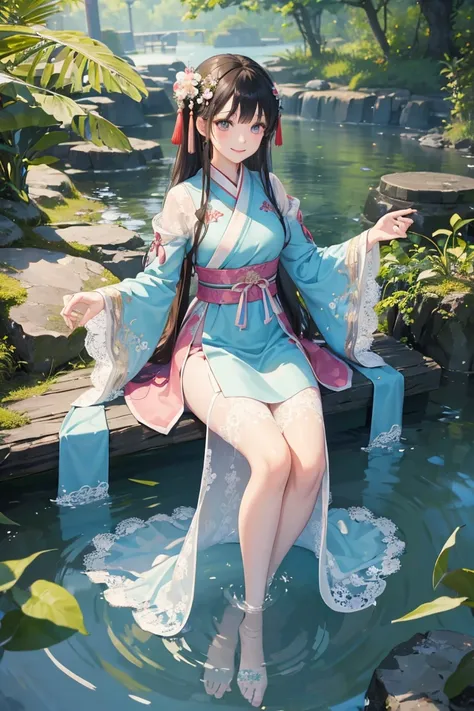 a girl, (beautiful eyes), smiling, hanfu, (lace uniform), cute and dreamy, full body, (streams, clear water), (beautiful avatar ...