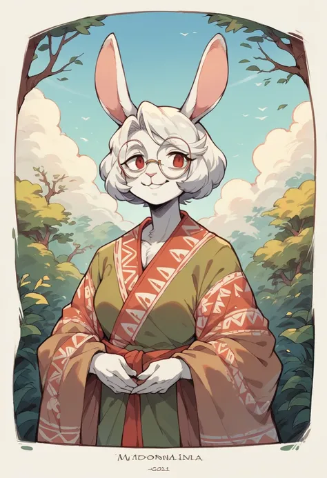 Anime, 1girl, smile, furry, anthropomorphic, rabbit girl, old woman, grandma, tribal dress, long robes, shawl, Druid, white fur, white hair, short hair, bob hair, red eyes, wrinkles, round glasses, camp