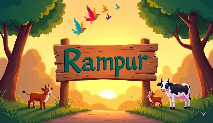 Hindi cartoon starting scene of village Rampur written on the board in the middle.A sun rises on the middle.Two tree on the left side ,few birds flying over there.One cow and two calves on the right.make in hindi cartoon style.do not be so realistic.