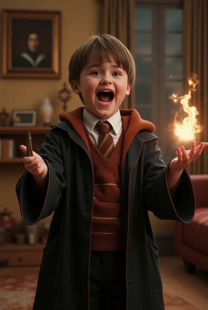 Boy in a harry potter costume laughing and ‘casting spells’ with their wand make it realistic 



