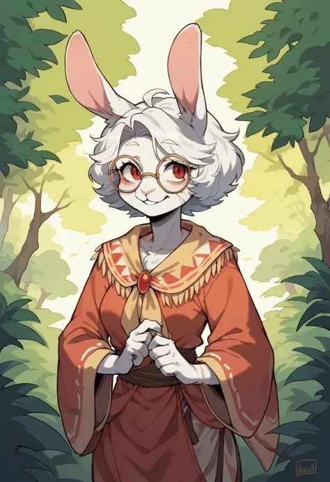 Anime, 1girl, smile, furry, anthropomorphic, rabbit girl, old woman, grandma, tribal dress, long robes, wearing a hood, Druid, white fur, white hair, short hair, bob hair, red eyes, wrinkles, round glasses, camp, nature power