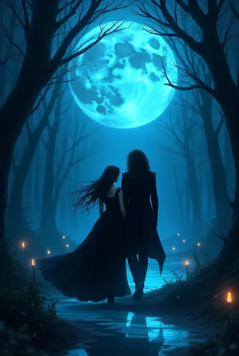 Girl with long black hair wearing gothic dress with a boy with long curly hair gothic clothing walking in the woods at night with a blue moon and glowing lagoon like anime