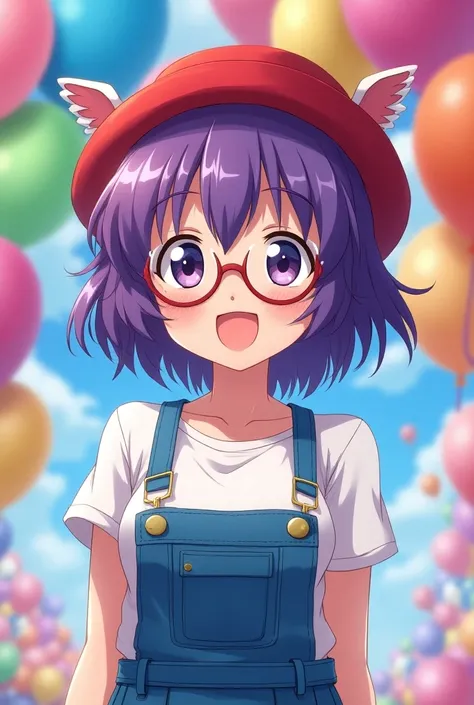 A Arale（Arale）Character Bust；背景に浮かぶcolorfulな風船。Purple Hair，[Red Hat（ The hat has small wings ）]，Glasses， white t-shirt，Blue suspenders；Original Image；（ The character conforms to the human body structure，Body and limb repair， harmonious body structure ）Atmo...