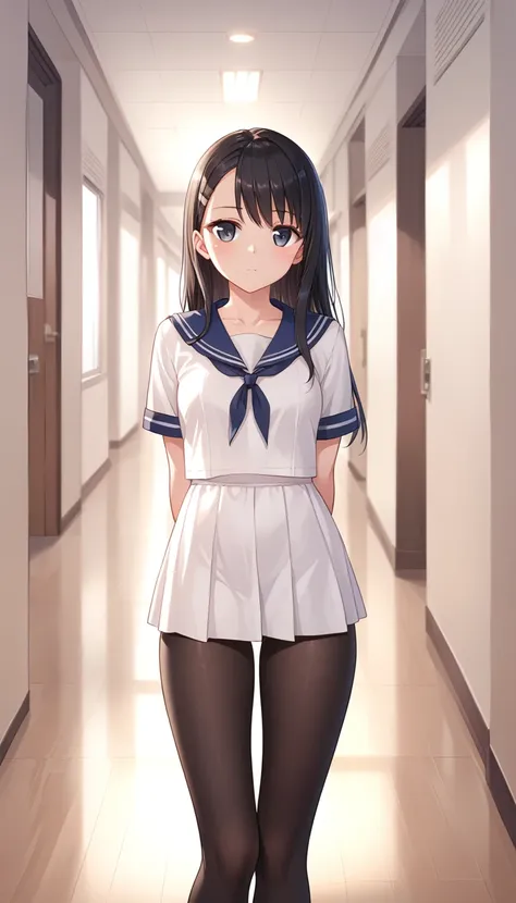 source_9, 1girl, kei shirogane, white dress, sailor collar,  portrait, school background, hallway, collarbone, black pantyhose, ...