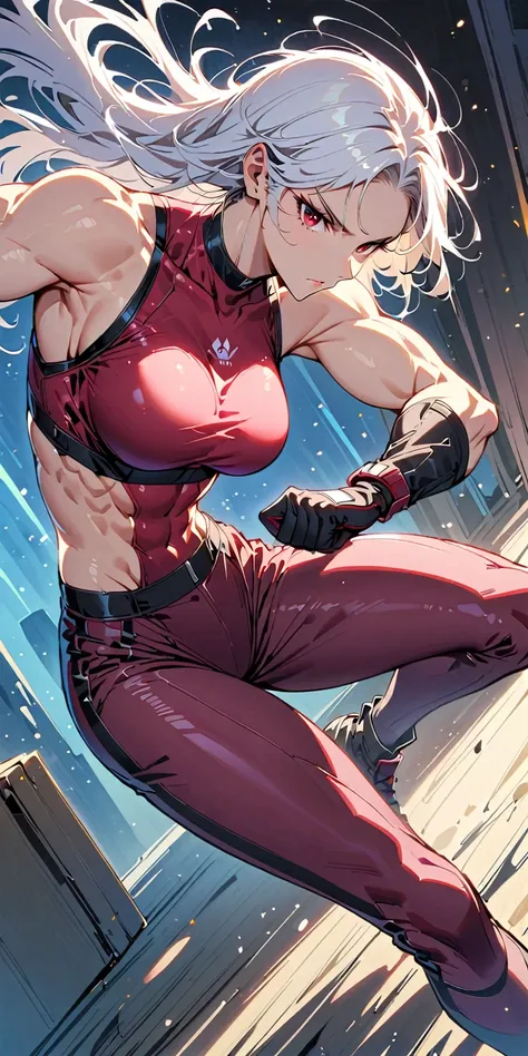 beautiful  muscular woman and doing a knee strike, six pack, no men in background,white hair and red eyes , maroon tight top,  and maroon camo leggings,wearing long slender gloves that reach the bicep, full body portrait