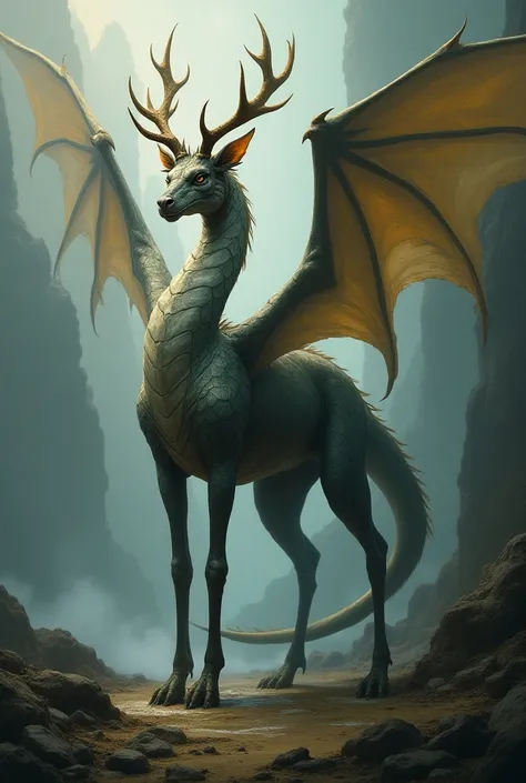 I want to create hybrid animal from these two animals Dragon and Hiran create an image prompt