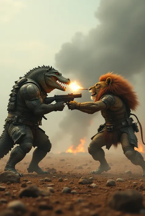 Crocodile+lion epic in a battlefield fighting with guns