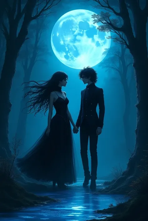 Girl with long black hair wearing gothic dress with a boy with long curly hair gothic clothing walking in the woods at night with a blue moon and glowing lagoon like anime