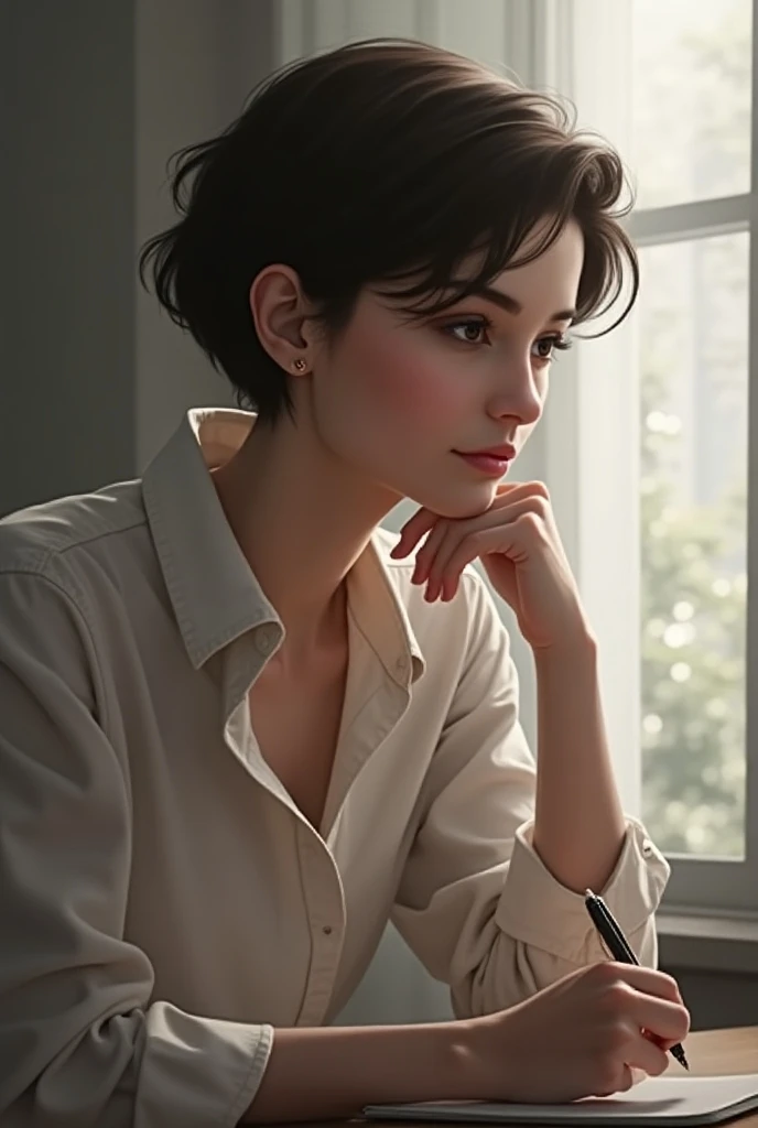 A woman wearing short hair is thinking in her hands with a pen.