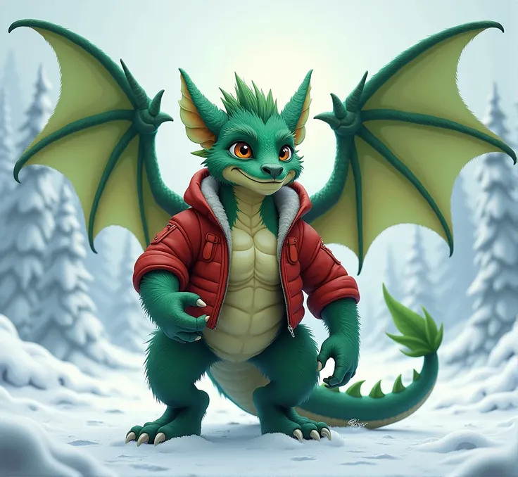 Green winged dragon furry jock in a red winter jacket against a background of snow