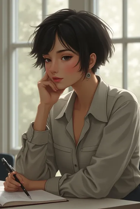 A woman wearing short hair is thinking in hand with a pen