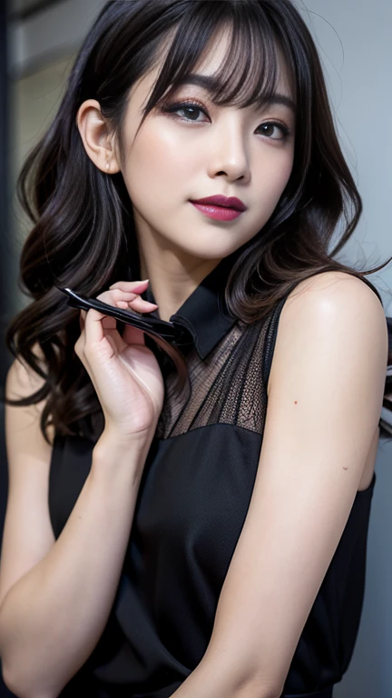 detailed、Japanese、 Captivating beauty 、 charming adult woman 、 Pretty Woman 、 cool girl 、Brown Hair、Wavy Hair、Swept-apart bangs、Sharp Eye、Hollow Eyes、Half-open eyes、Hollow Eyes、 purple eyeshadow 、 Black Lipstick 、Black lip gloss、dark makeup、Grin、Whisper in...