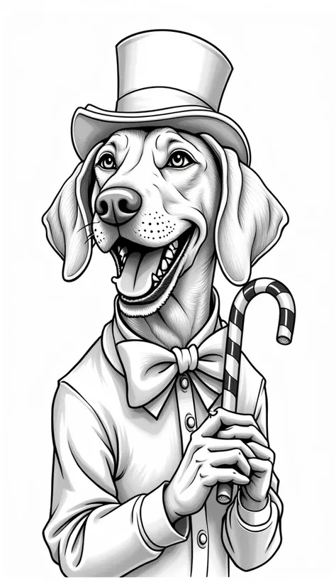 Laughing beautiful Vizsla with big eyes as Willy Wonka in Peaky Blinders style with candy cane as a coloring page in black and white