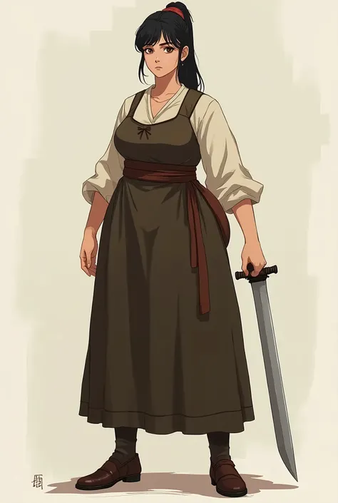 MILF, big breasts, medieval, pesant outfit, holding a knife in hand, minimalist anime style, 2D, full body